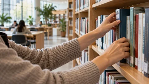 Kütüphanede raftaki kitapları düzenleyen bir kişinin elleri